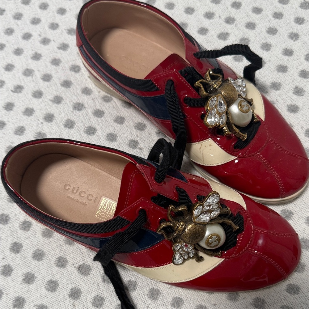 Gucci Red and Cream Sneakers with Crystal Bee Accent